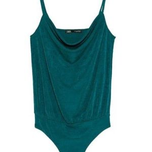 Zara Draped Neck Turquoise Metallic Bodysuit